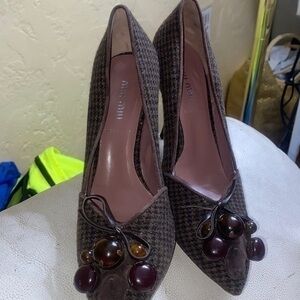 MiuMiu VINTAGE  Brown Wool Houndstooth Enamel Embellished Pumps leather  36.5